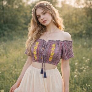 Raga Purple Multi Floral Embroidered Crop Top | Size M | NWT | Boho Peasant